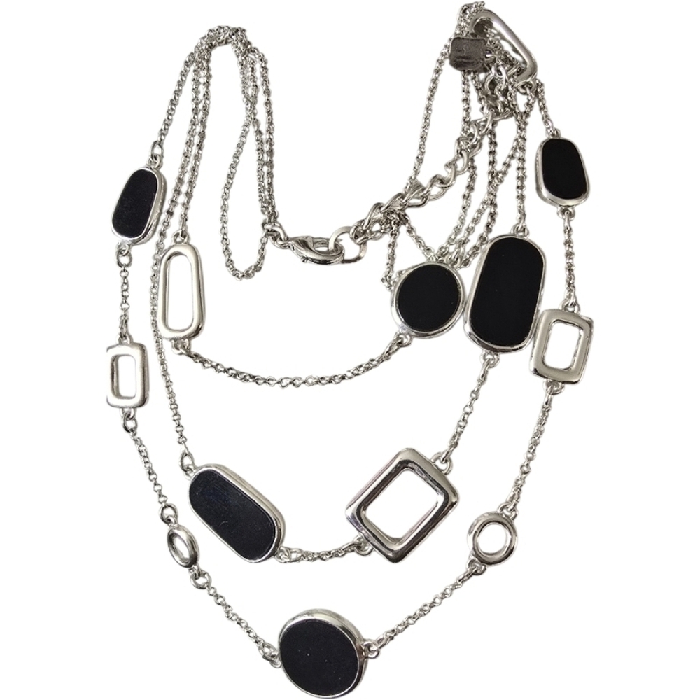 HLM SOHO Silvertone And Black Stone Necklace NWOT 17-1/2" L. With a 3 " Extender